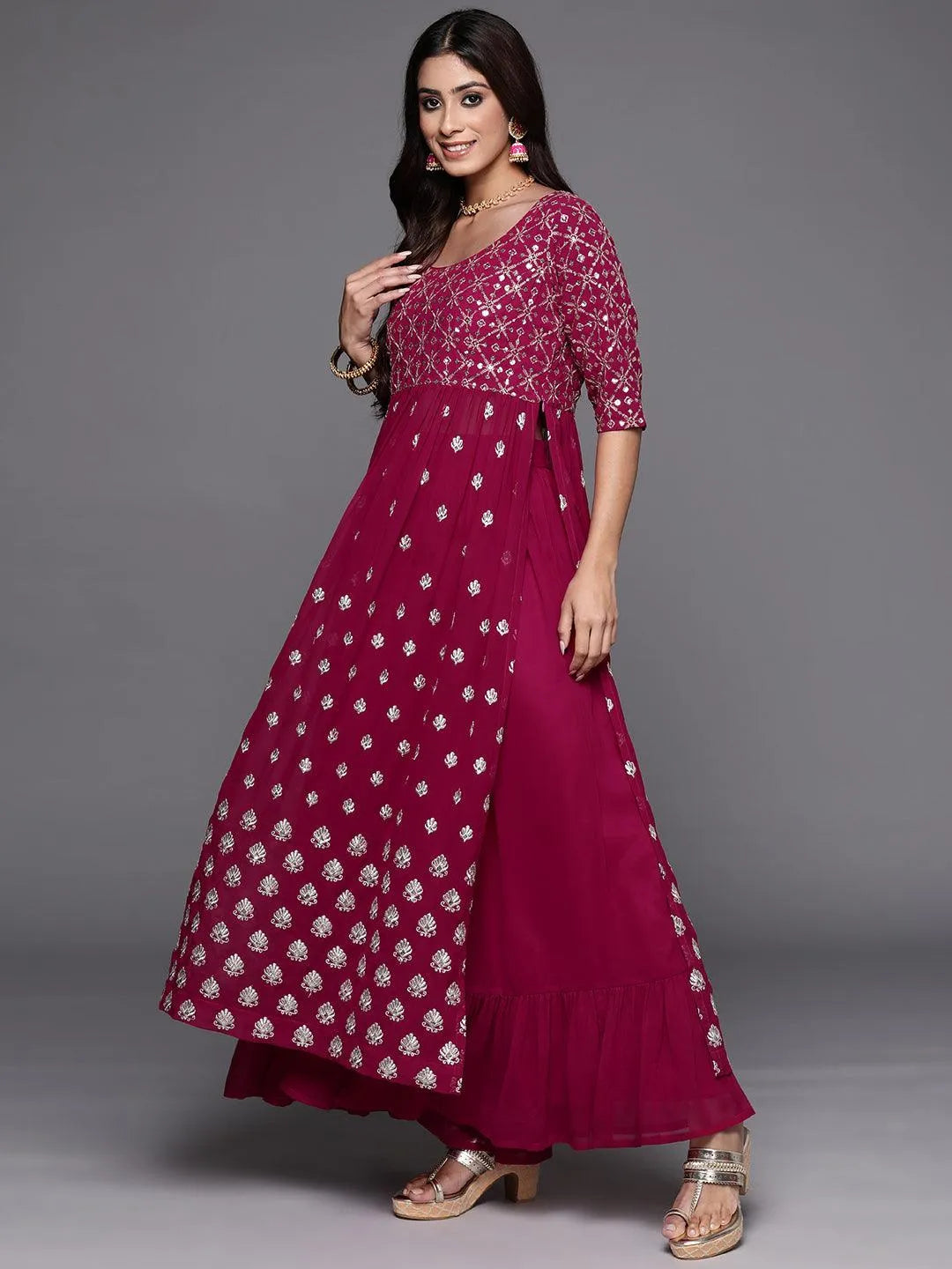 Pink Embroidered Georgette A-Line Kurta With Palazzos & Dupatta - Libas 