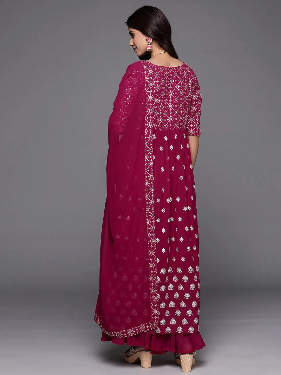 Pink Embroidered Georgette A-Line Kurta With Palazzos & Dupatta - Libas 