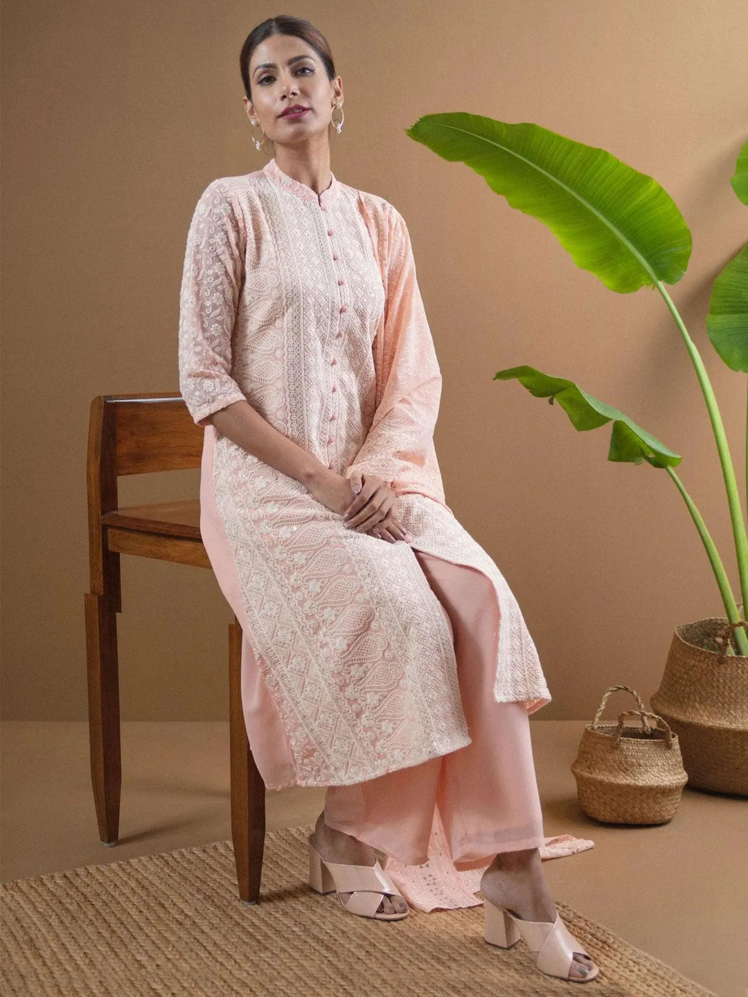 ANAYA Pink Embroidered Georgette Suit Set - Libas 