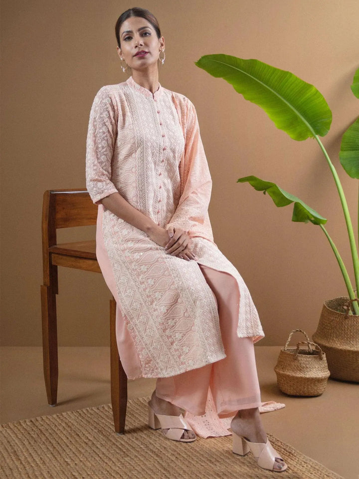 ANAYA Pink Embroidered Georgette Suit Set - Libas