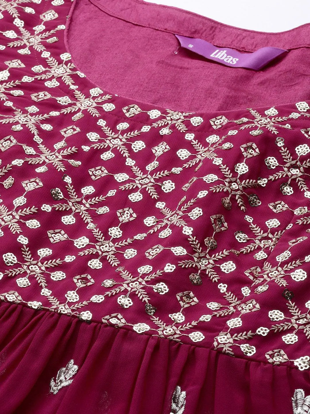 Pink Embroidered Georgette A-Line Kurta With Palazzos & Dupatta - Libas 