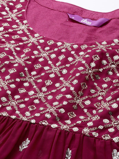 Pink Embroidered Georgette A-Line Kurta With Palazzos & Dupatta - Libas