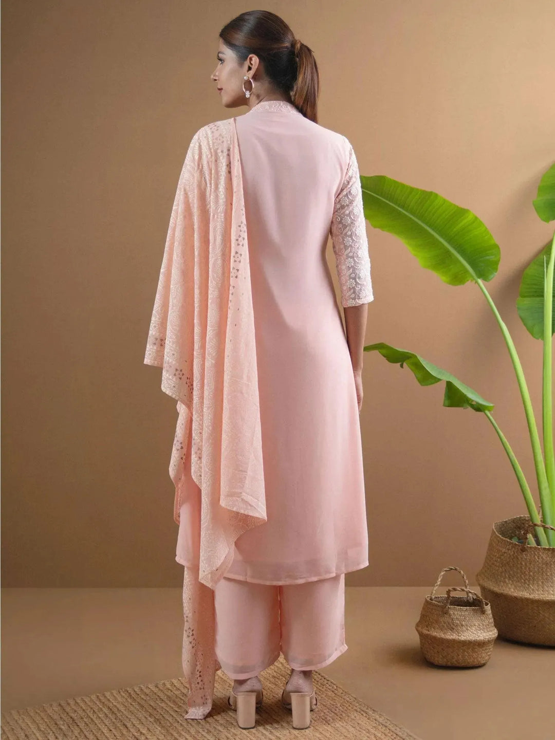 ANAYA Pink Embroidered Georgette Suit Set - Libas 