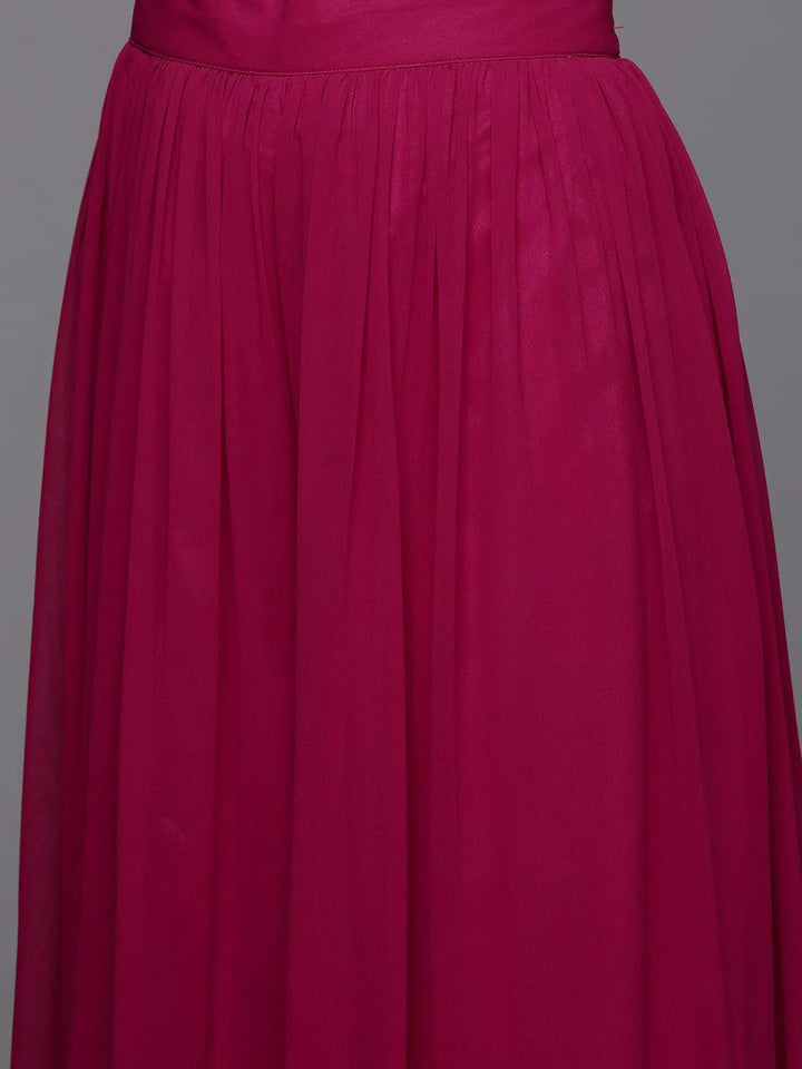 Pink Embroidered Georgette A-Line Kurta With Palazzos & Dupatta - Libas