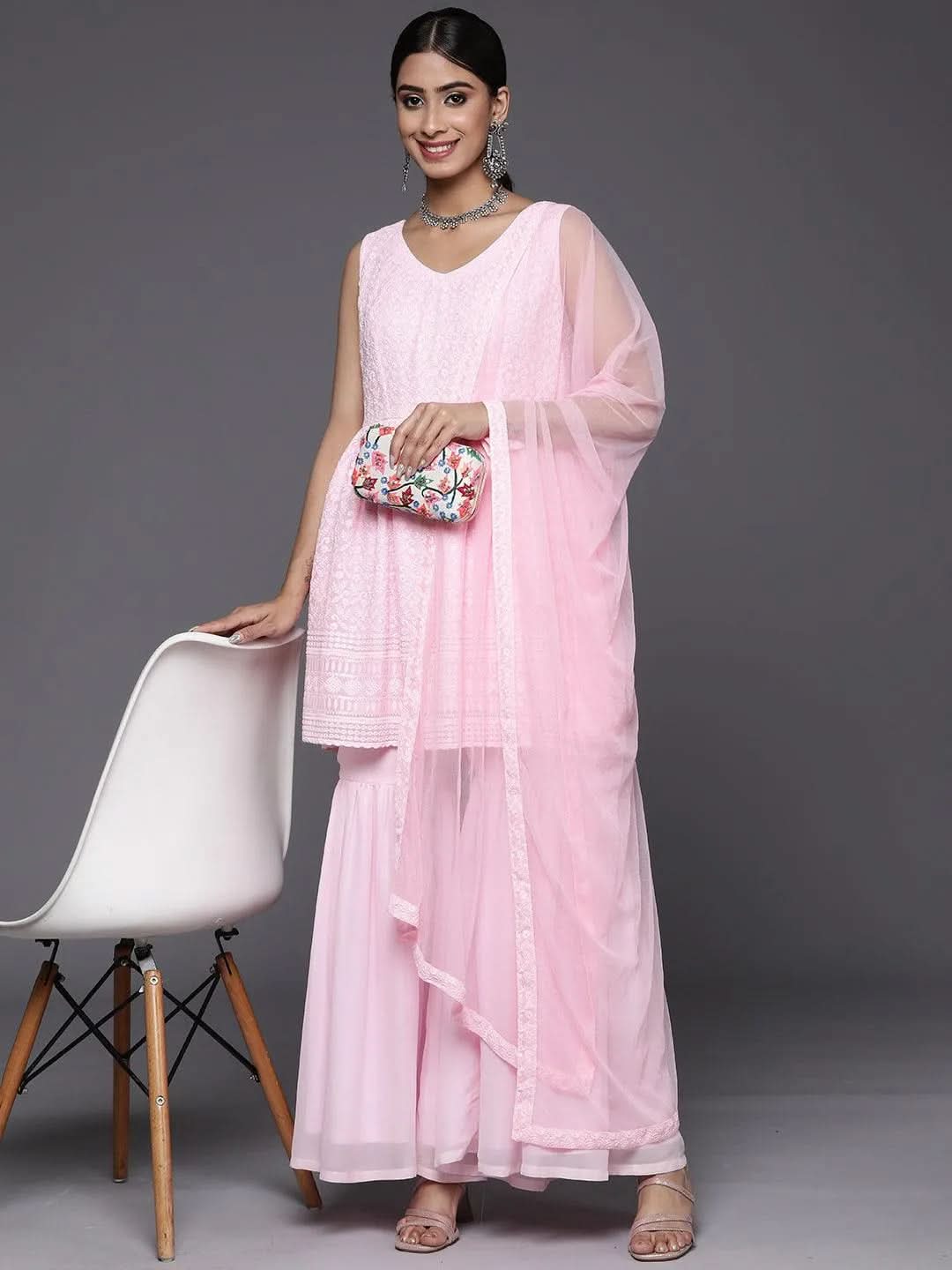 Pink Embroidered Silk Blend A-Line Suit Sets With Dupatta