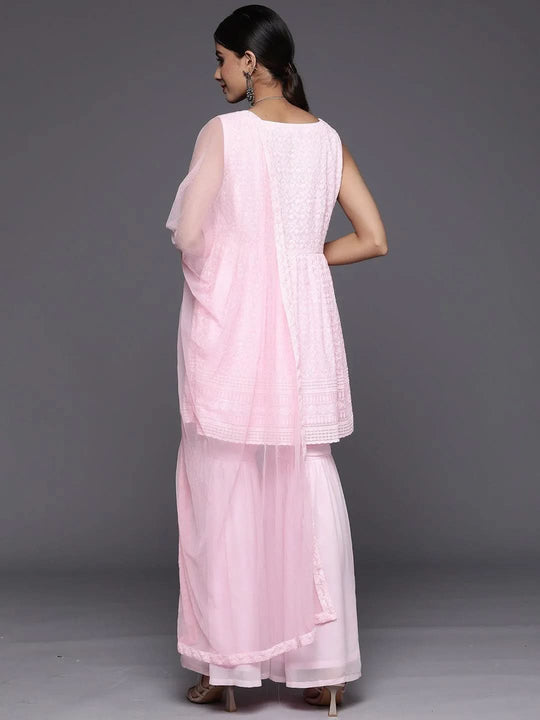Pink Embroidered Georgette A-Line Kurta With Sharara & Dupatta
