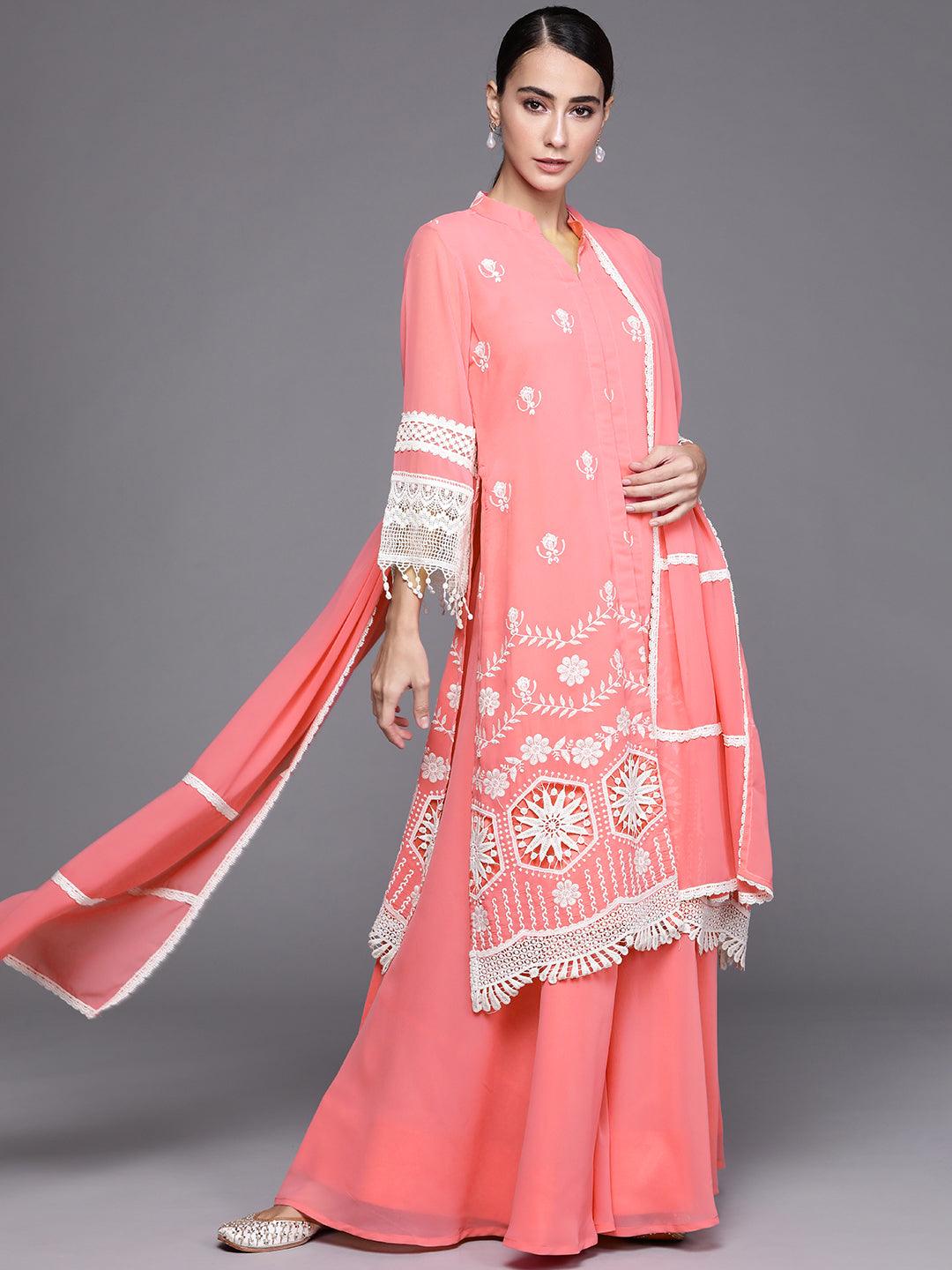 Pink Embroidered Georgette A-Line Kurta With Skirt & Dupatta