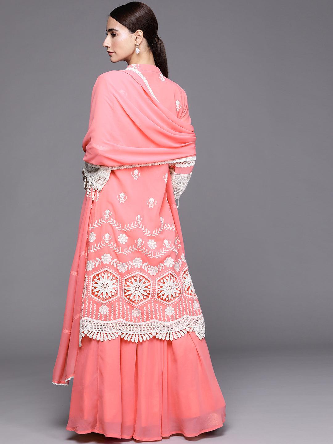 Pink Embroidered Georgette A-Line Kurta With Skirt & Dupatta