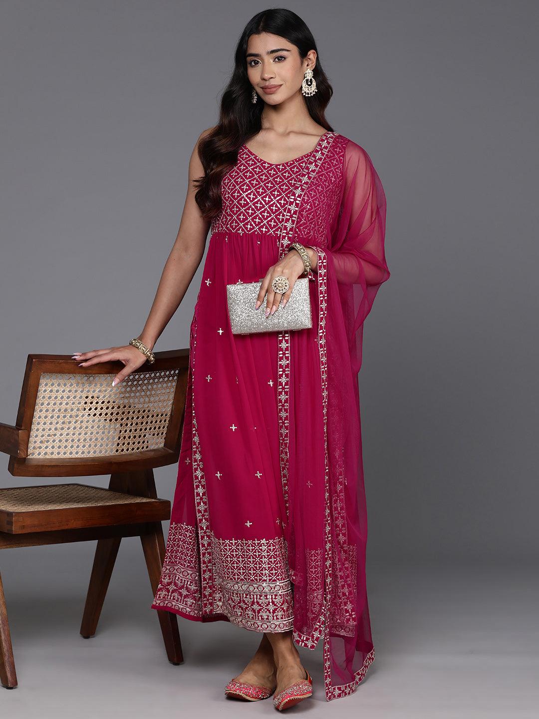 Pink Embroidered Georgette A-Line Kurta With Trousers & Dupatta