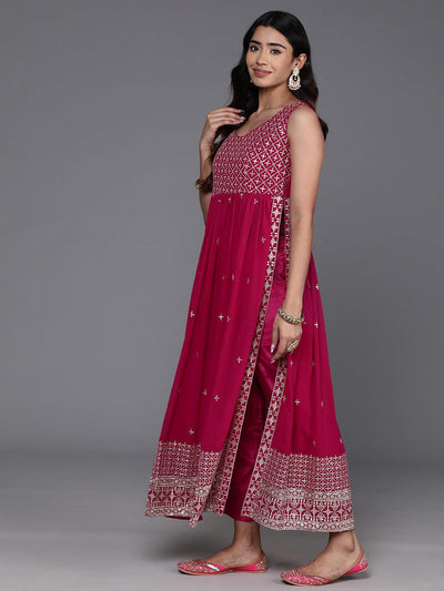 Pink Embroidered Georgette A-Line Kurta With Trousers & Dupatta - Libas