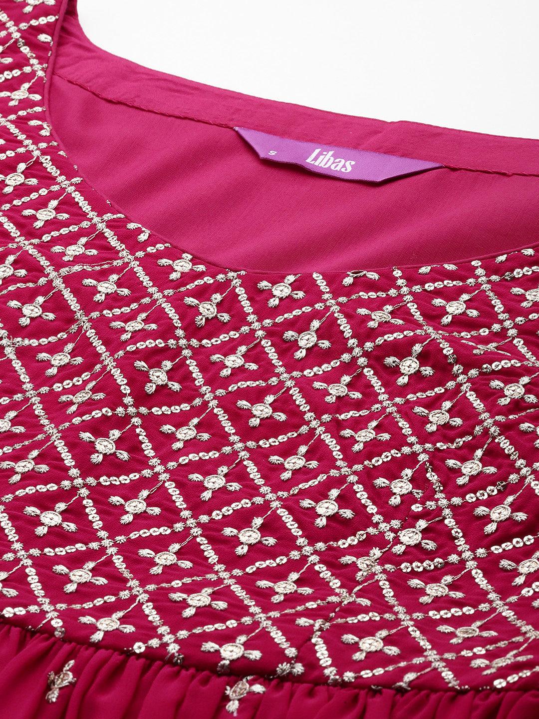Pink Embroidered Georgette A-Line Kurta With Trousers & Dupatta