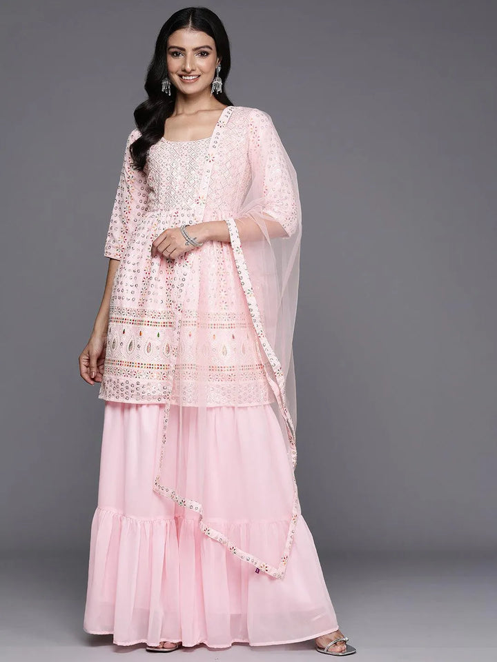 Pink Embroidered Georgette A-Line Kurti With Sharara & Dupatta - Libas