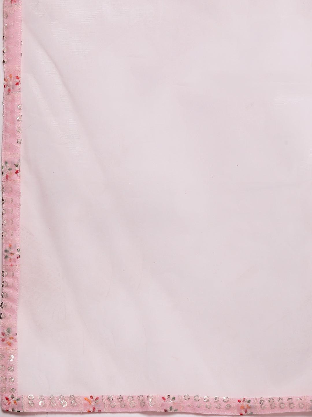 Pink Embroidered Georgette A-Line Kurti With Sharara & Dupatta - Libas