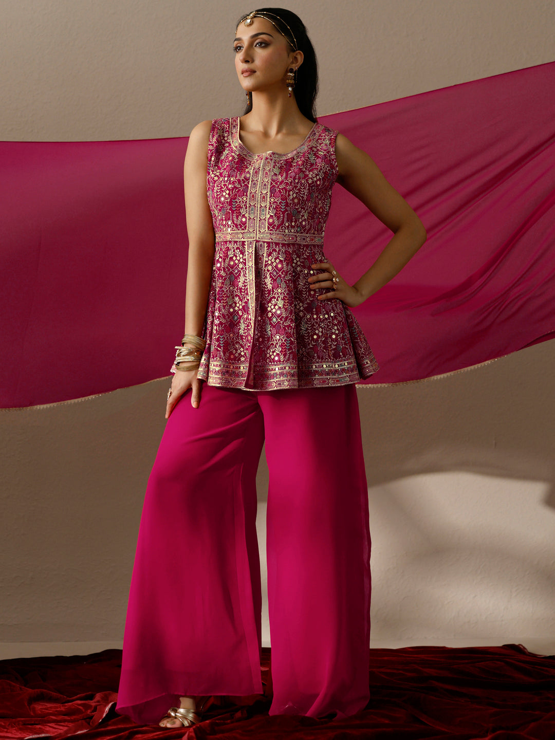 Pink Embroidered Georgette A-Line Suit Set With Dupatta