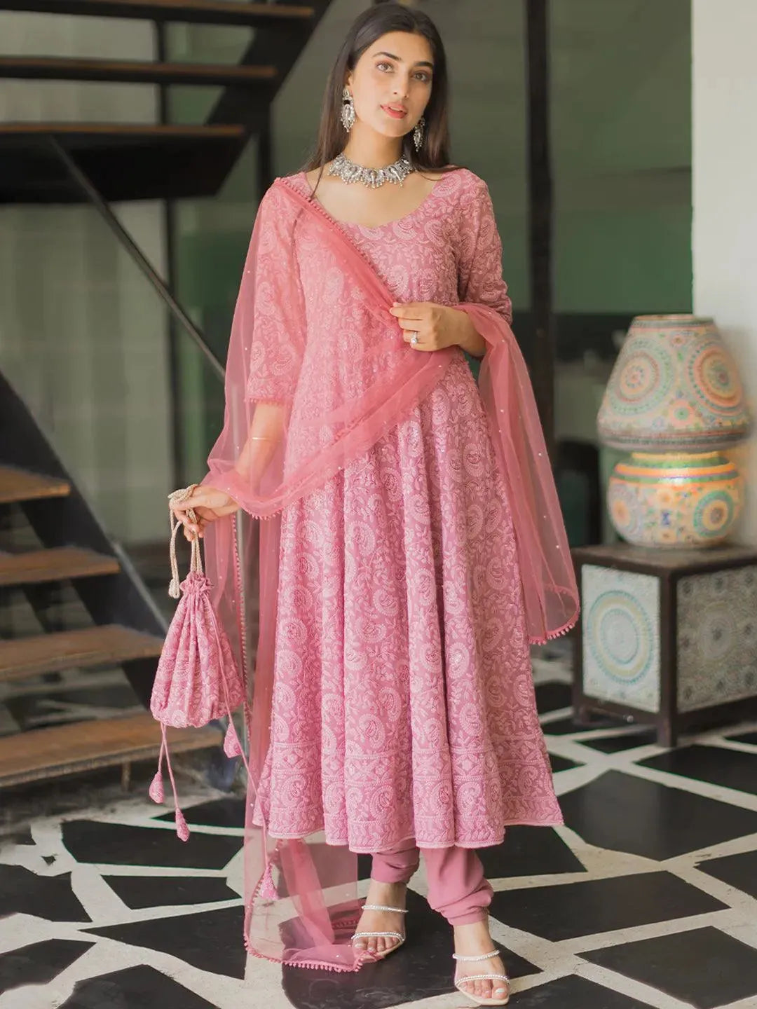 Pink Embroidered Georgette Anarkali Suit Set With Potli - Libas