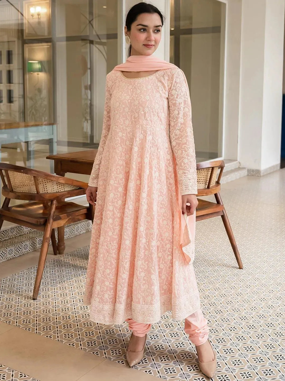 Pink Embroidered Georgette Anarkali Suit Set With Potli - Libas