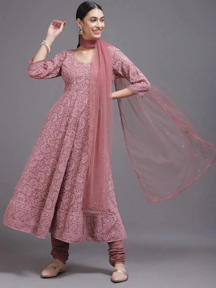 Pink Embroidered Georgette Anarkali Suit Set With Potli - Libas