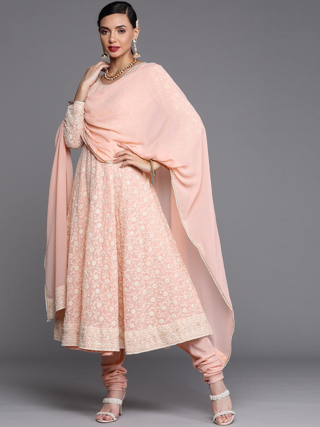 Pink Embroidered Georgette Anarkali Suit Set With Potli - Libas