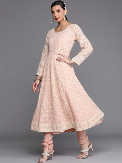 Pink Embroidered Georgette Anarkali Suit Set With Potli - Libas
