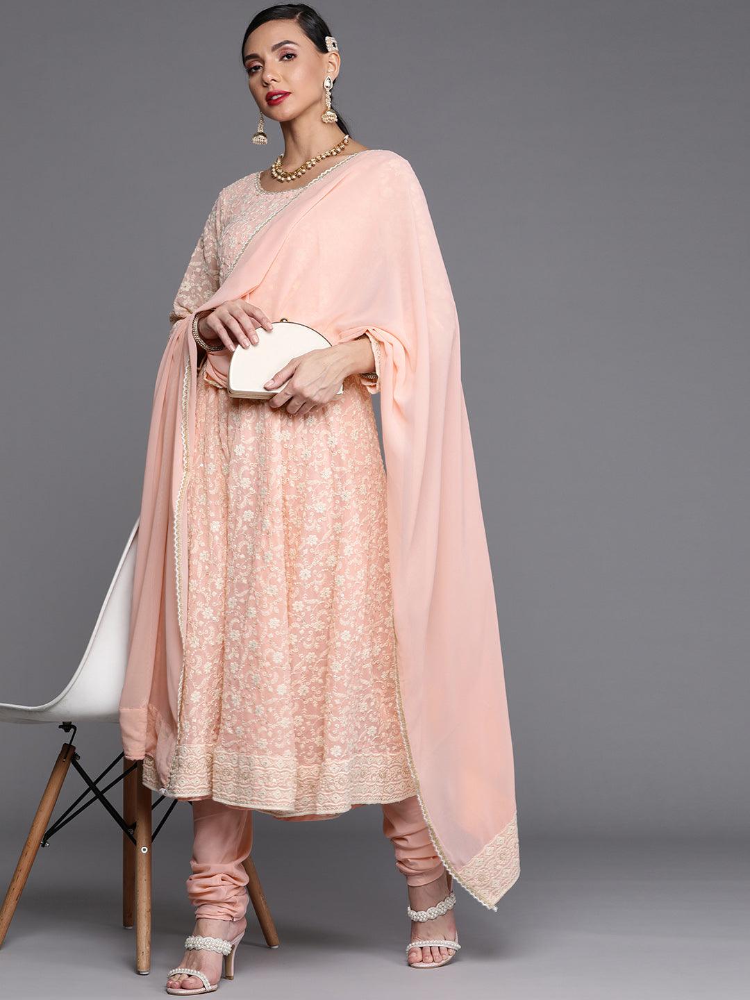 Pink Embroidered Georgette Anarkali Suit Set With Potli - Libas