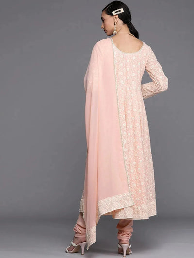Pink Embroidered Georgette Anarkali Suit Set With Potli - Libas