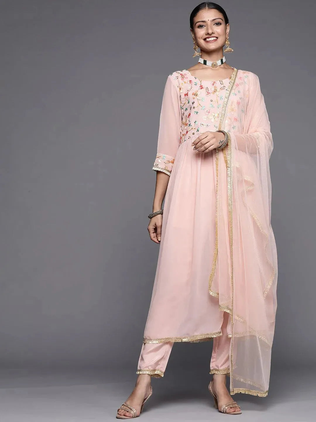 Pink Embroidered Georgette Anarkali Suit Set - Libas