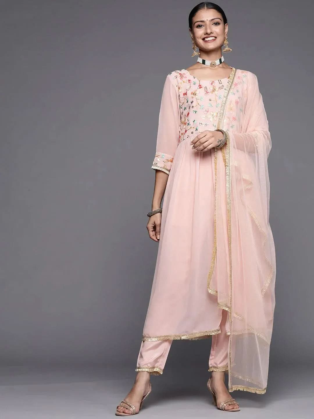 

Pink Embroidered Georgette Anarkali Kurta With Dupatta
