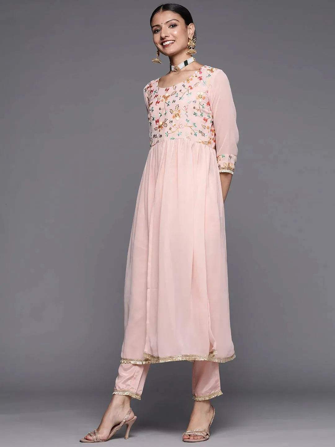 Pink Embroidered Georgette Anarkali Suit Set - Libas 