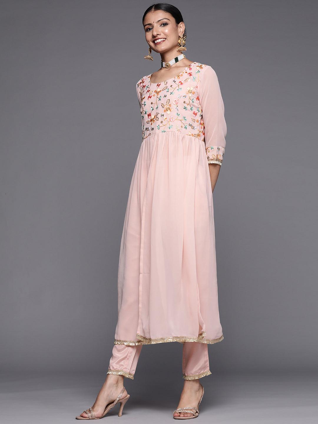 Pink Embroidered Georgette Anarkali Suit Set - Libas