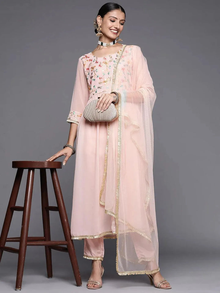 Pink Embroidered Georgette Anarkali Suit Set - Libas
