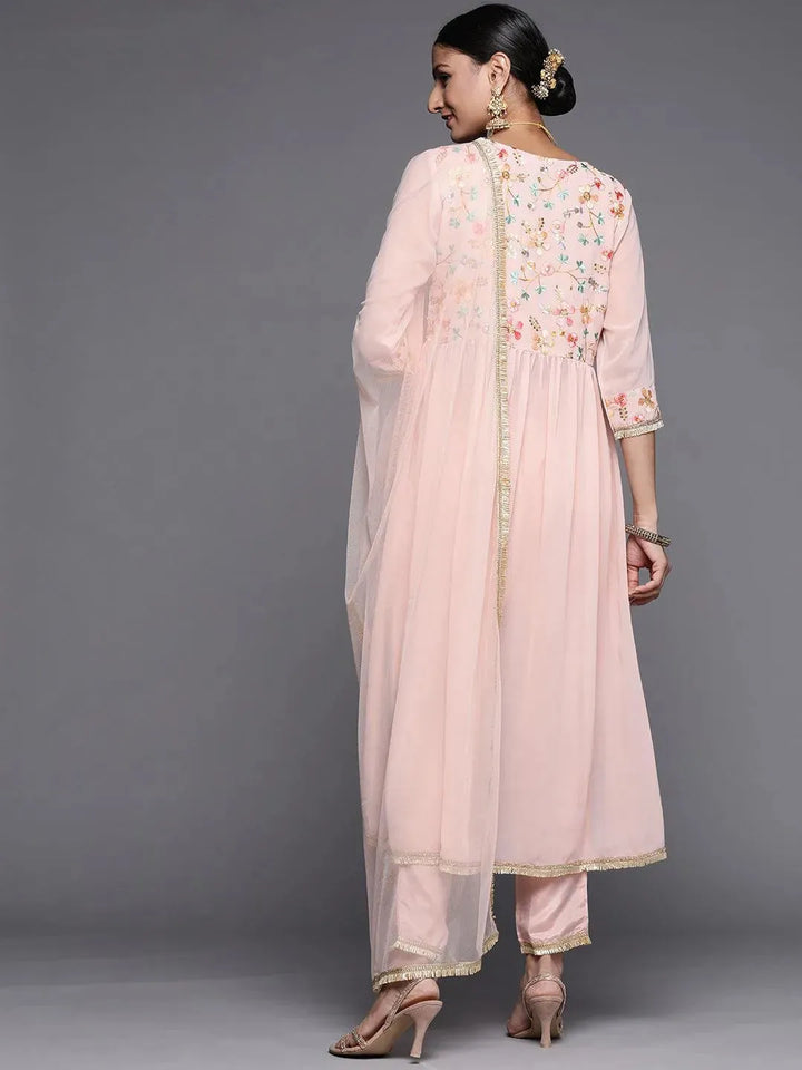 Pink Embroidered Georgette Anarkali Suit Set - Libas