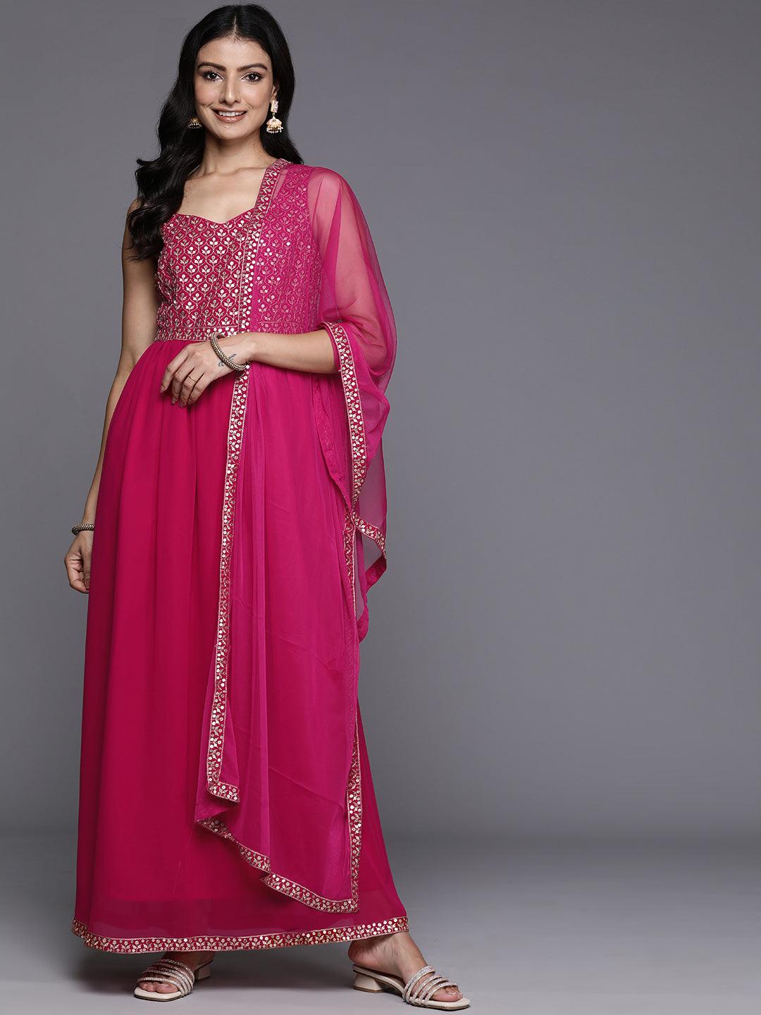 Buy Pink Embroidered Georgette Anarkali Kurta With Trousers & Dupatta ...