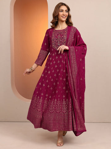 Pink Embroidered Georgette Anarkali Suit Set With Dupatta