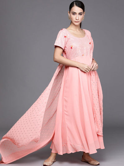 Pink Embroidered Georgette Dress With Dupatta - Libas