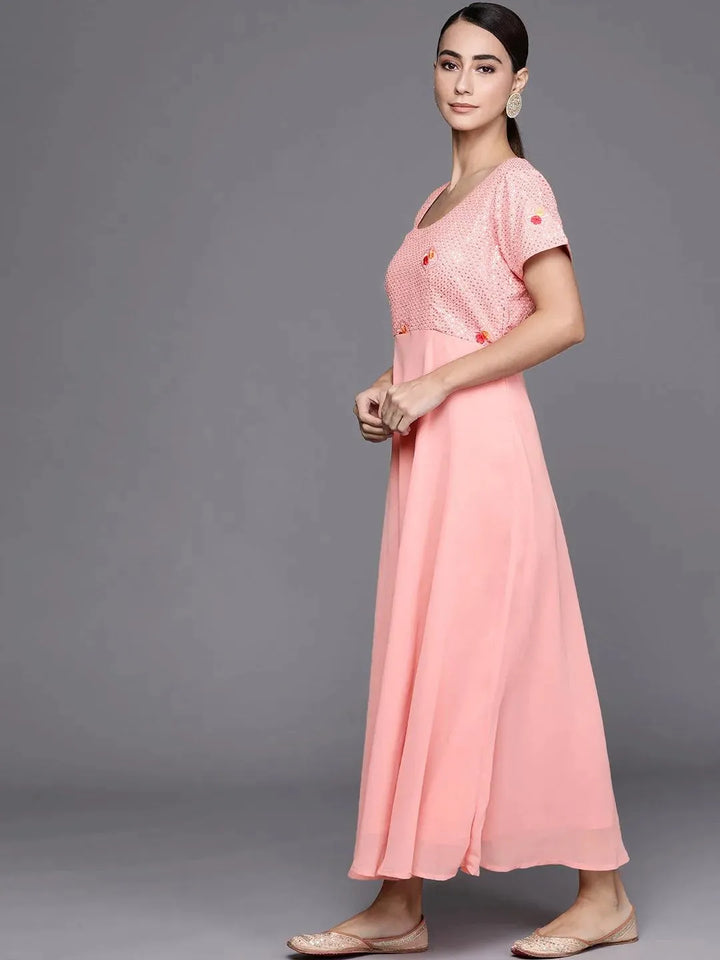 Pink Embroidered Georgette Dress With Dupatta - Libas