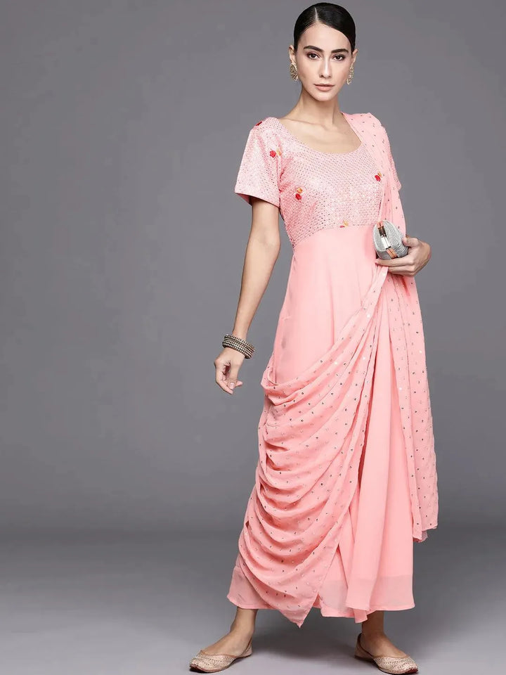 Pink Embroidered Georgette Dress With Dupatta - Libas