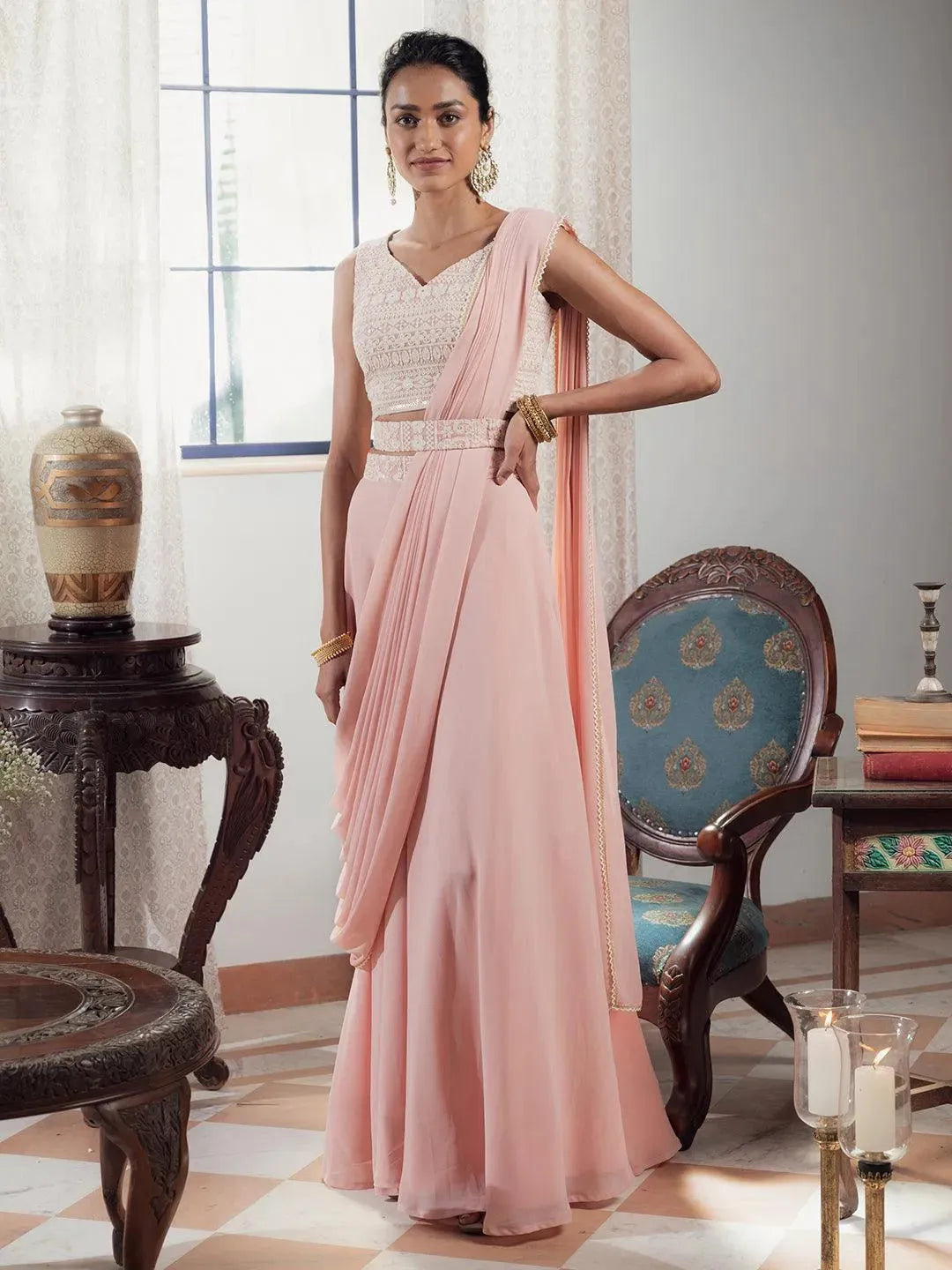 Pink Embroidered Georgette Lehenga Set - Libas