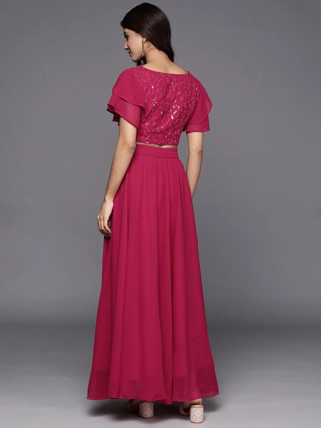 Pink Embroidered Georgette Lehenga Set - Libas 