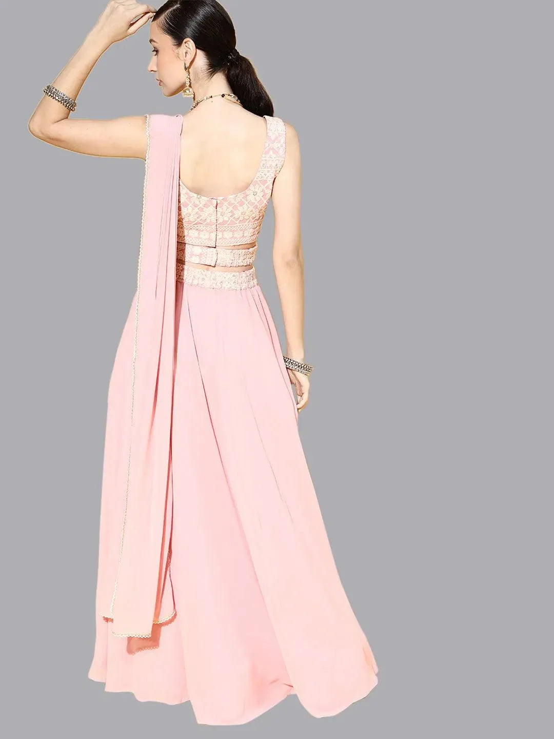 Pink Embroidered Georgette Lehenga Set - Libas