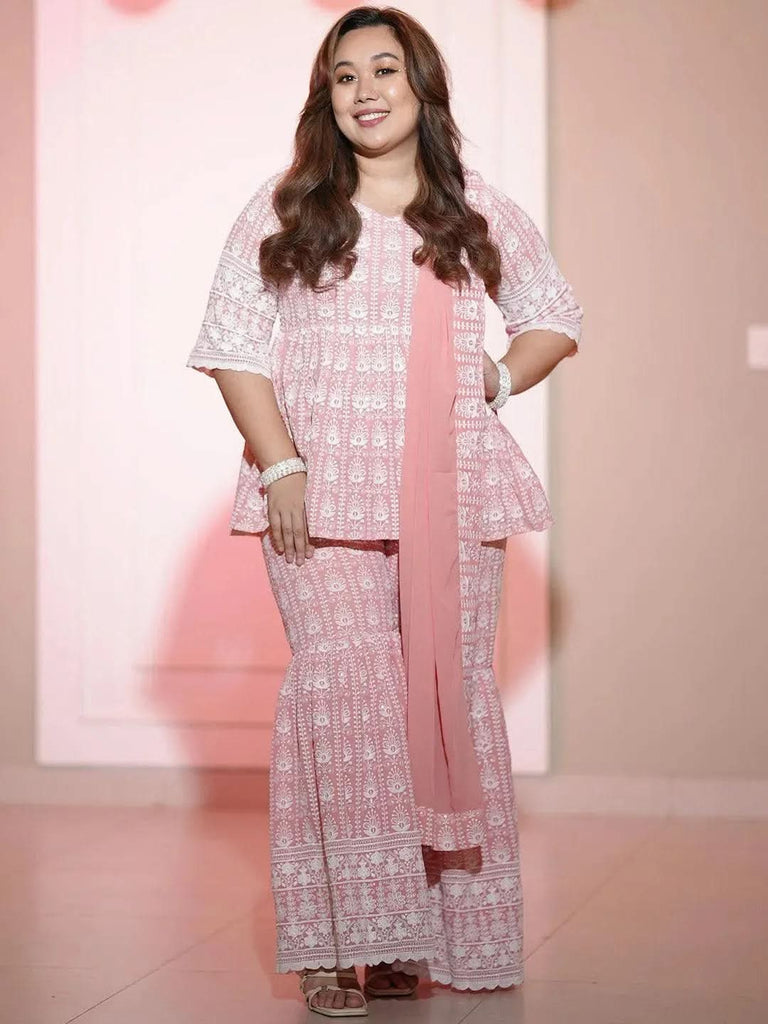 Libas Pink Embroidered Georgette Pakistani Style Kurta With Sharara & Dupatta