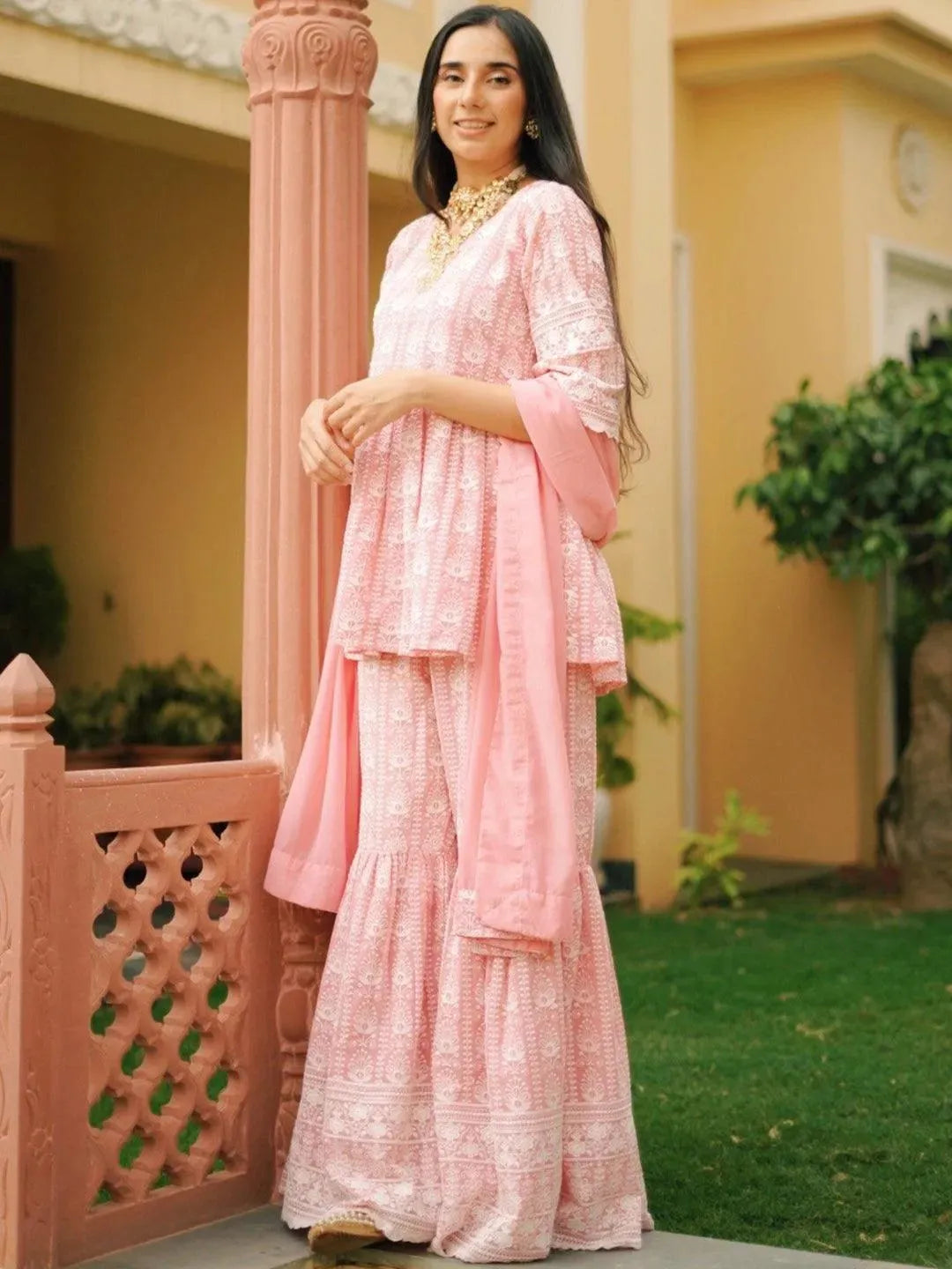 Pink Embroidered Georgette Suit Set - Libas