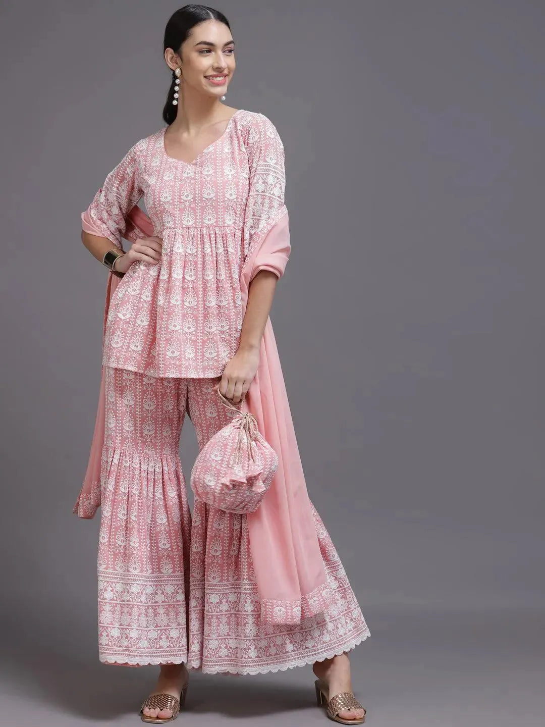 Pink Embroidered Georgette Suit Set - Libas 