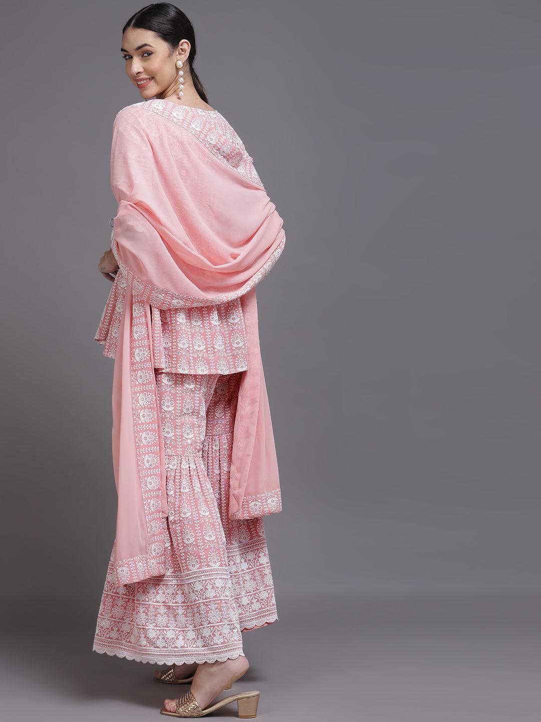Pink Embroidered Georgette Pakistani Style Kurta With Sharara & Dupatta