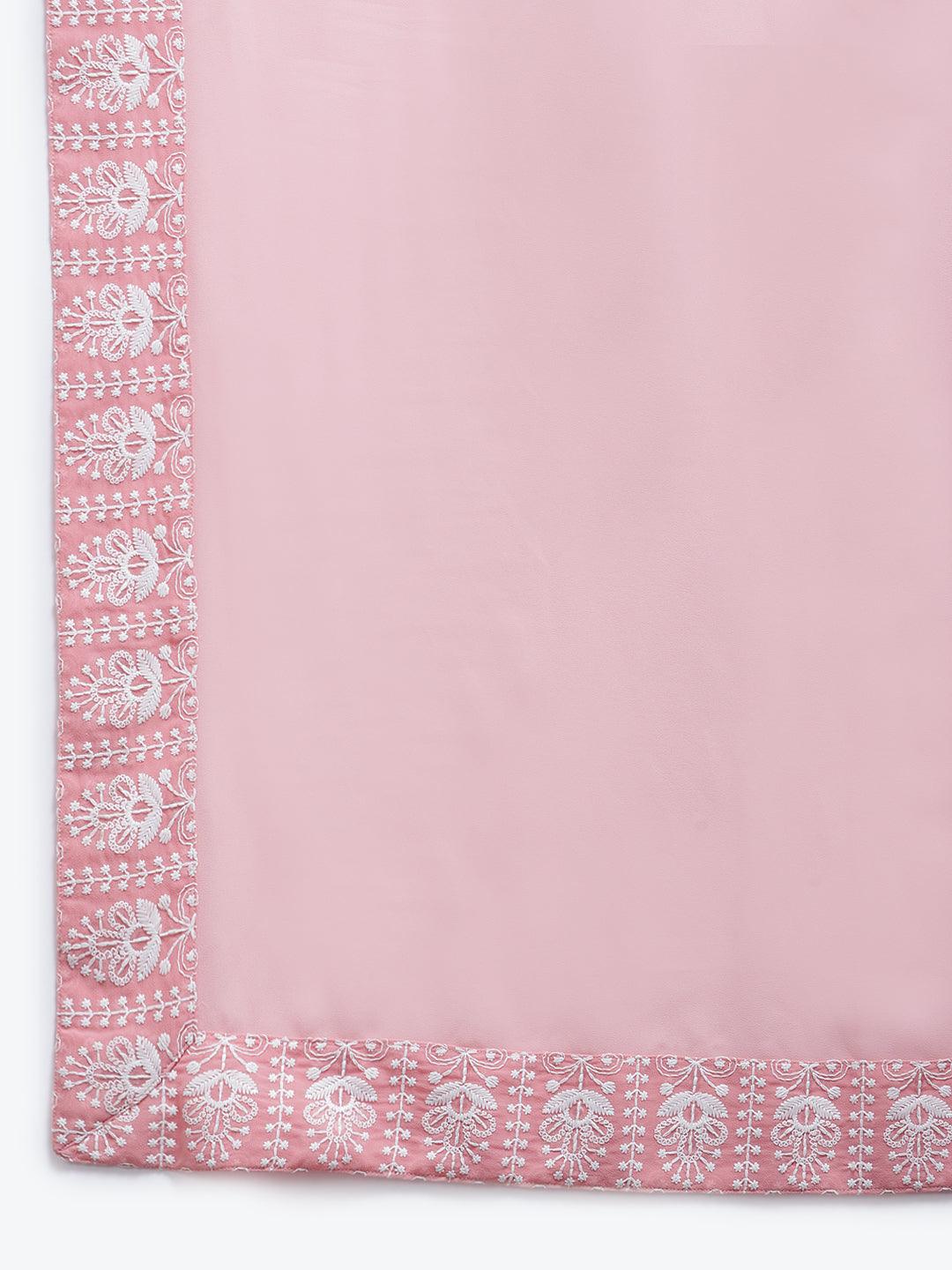 Pink Embroidered Georgette Pakistani Style Kurta With Sharara & Dupatta