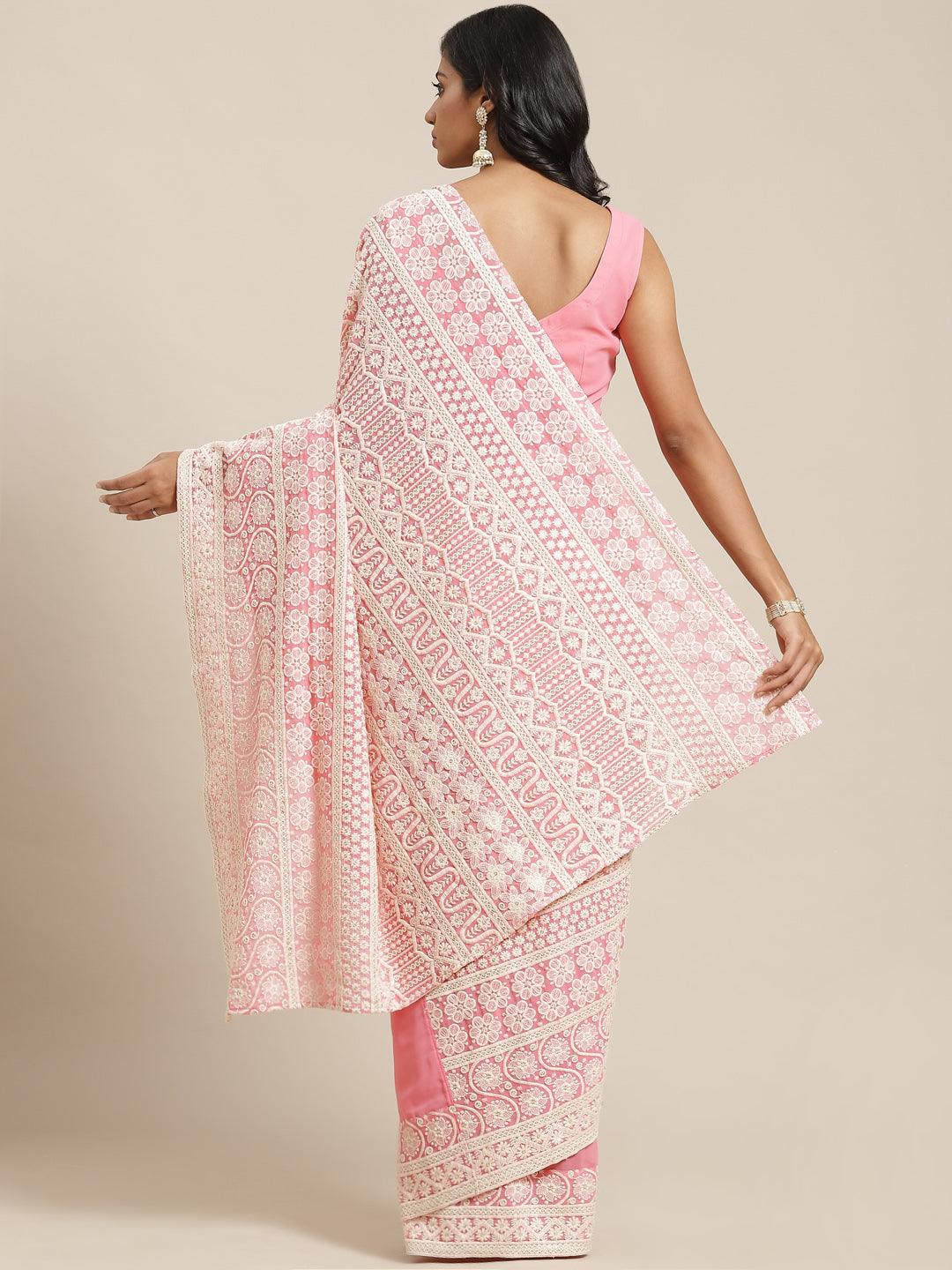Pink Embroidered Georgette Saree - Libas