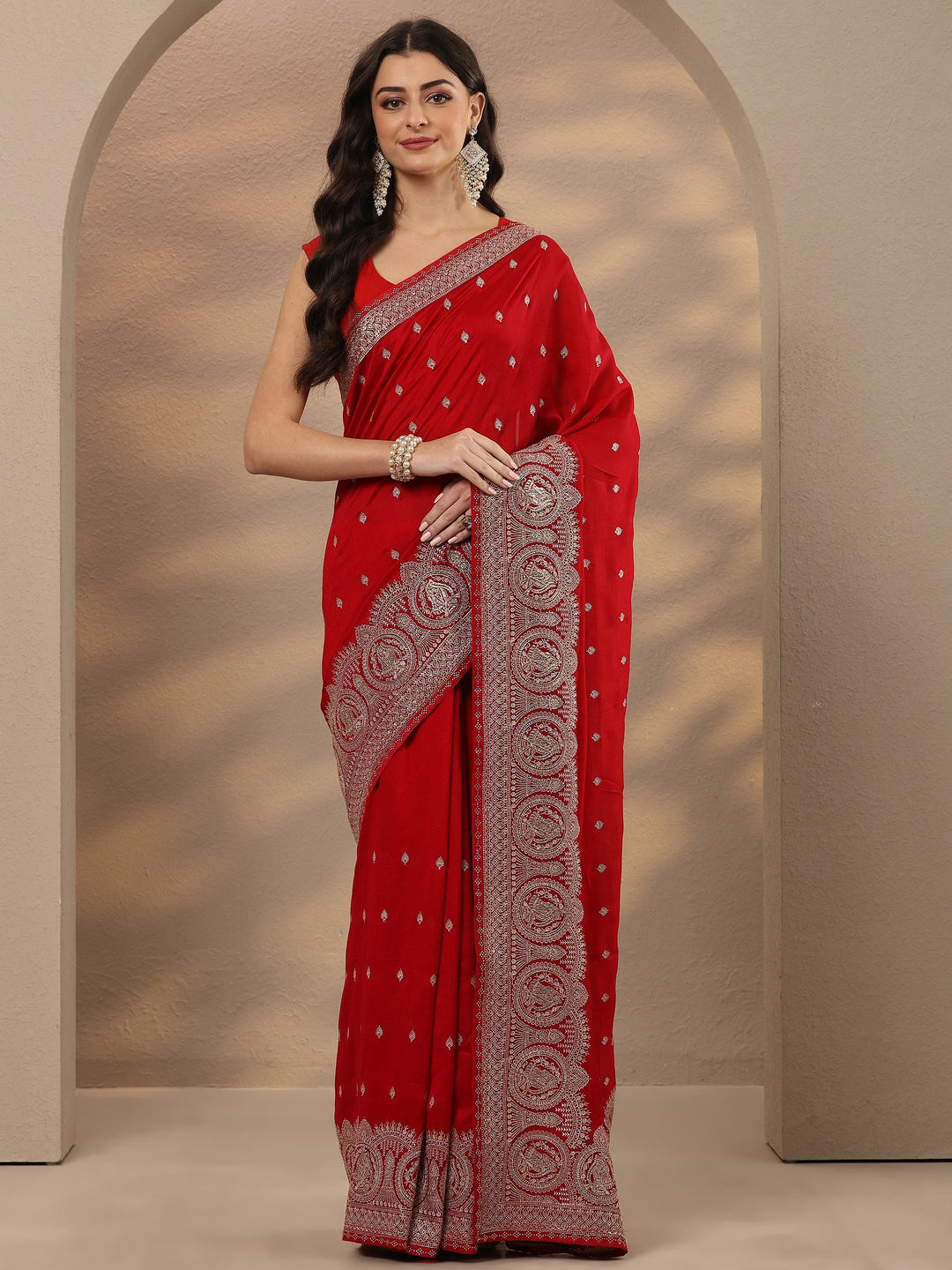  Pink Embroidered Georgette Saree With Unstitched Blouse Piece 