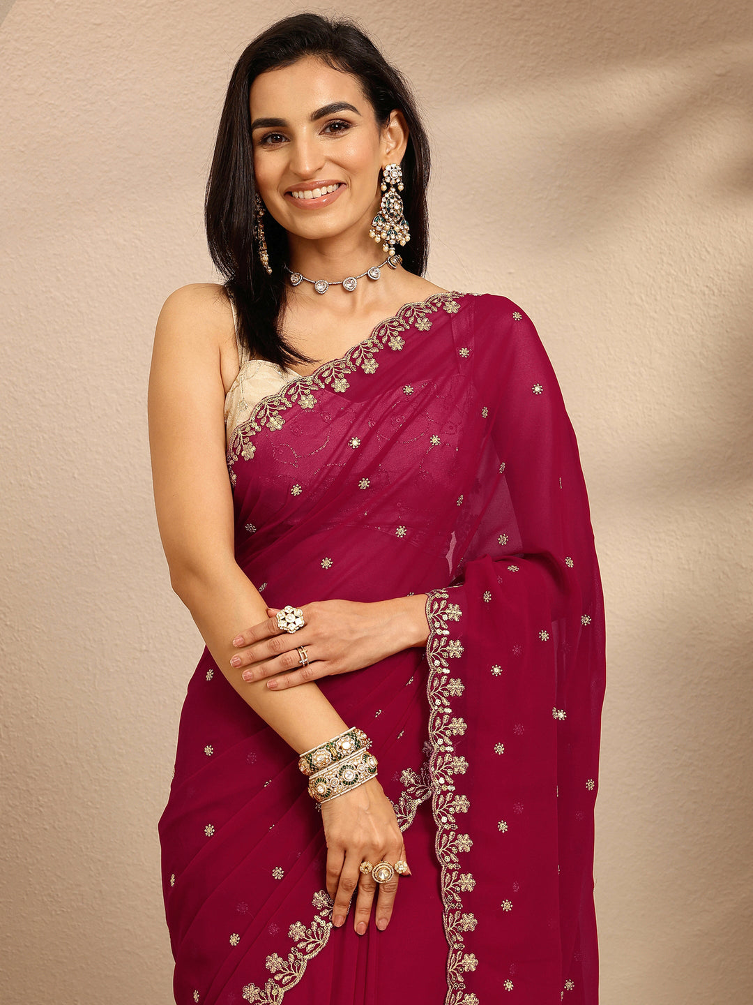  Pink Embroidered Georgette Saree With Unstitched Blouse Piece 