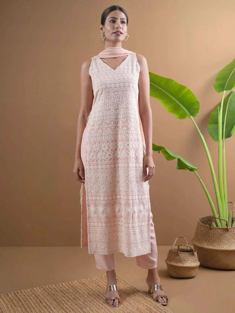 Libas Pink Embroidered Georgette Straight Kurta With Dupatta