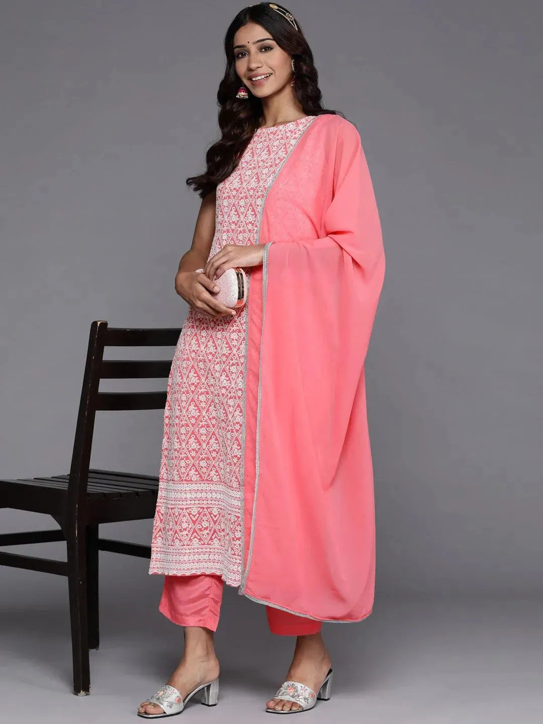 Pink Embroidered Georgette Straight Suit Set With Trousers - Libas 