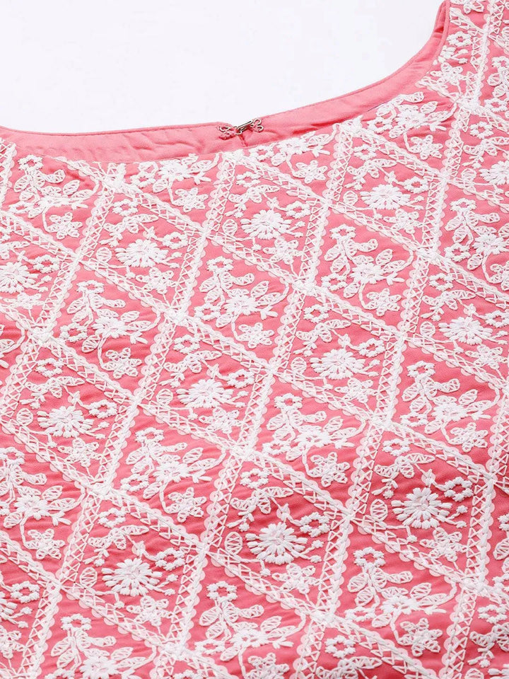 Pink Embroidered Georgette Straight Suit Set With Trousers - Libas
